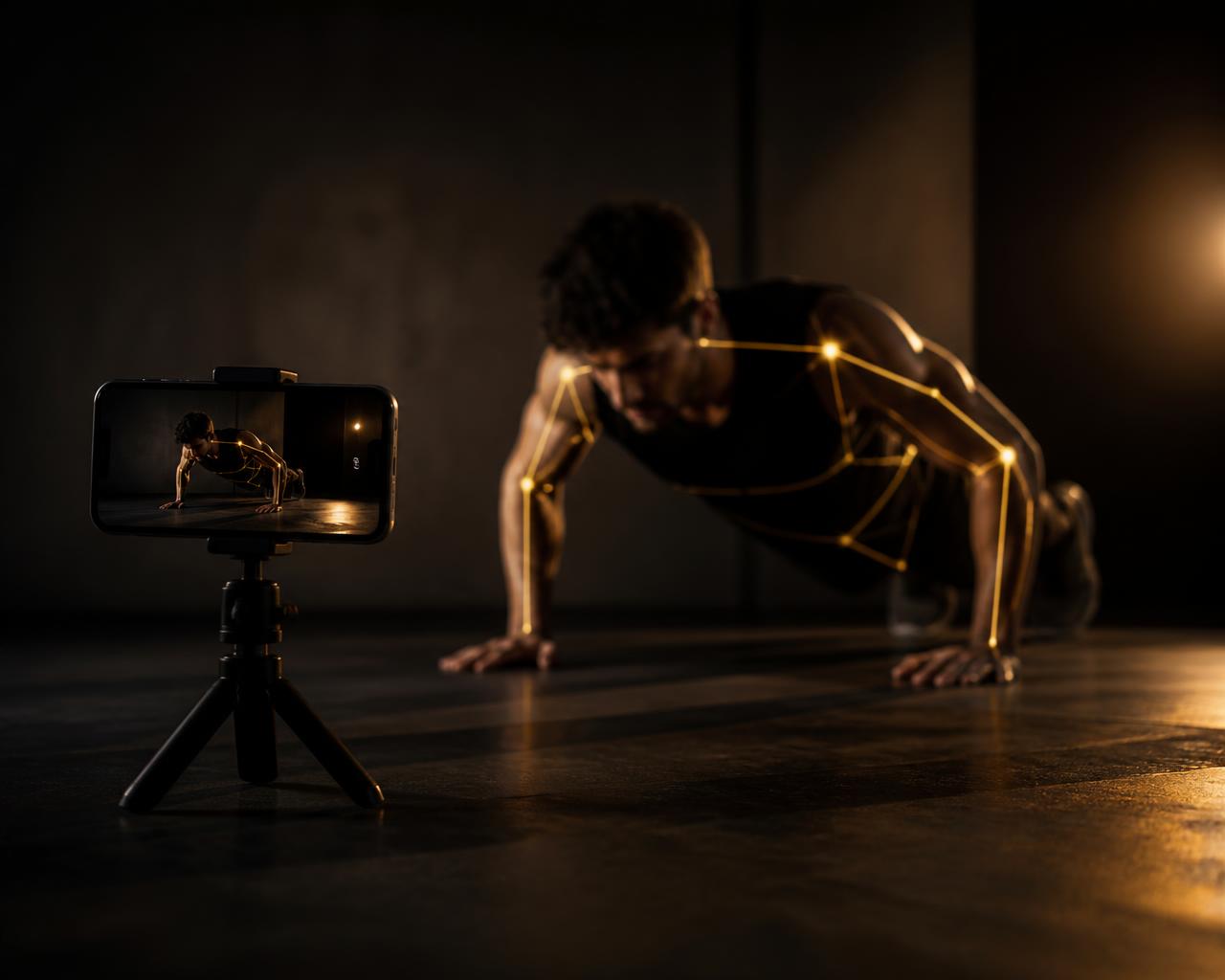 Telefon filmer en push-up mens AI'en tæller reps og scorer formen