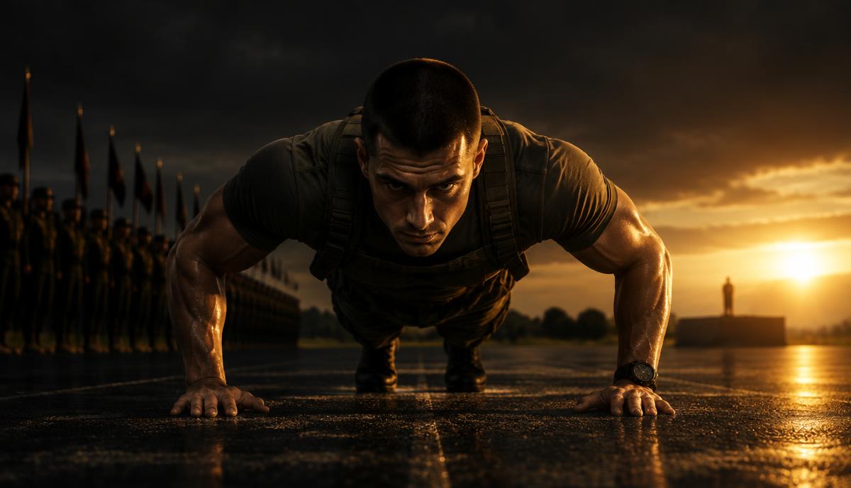 Soldier-style bodyweight training scene with push-ups at dawn in dramatic light