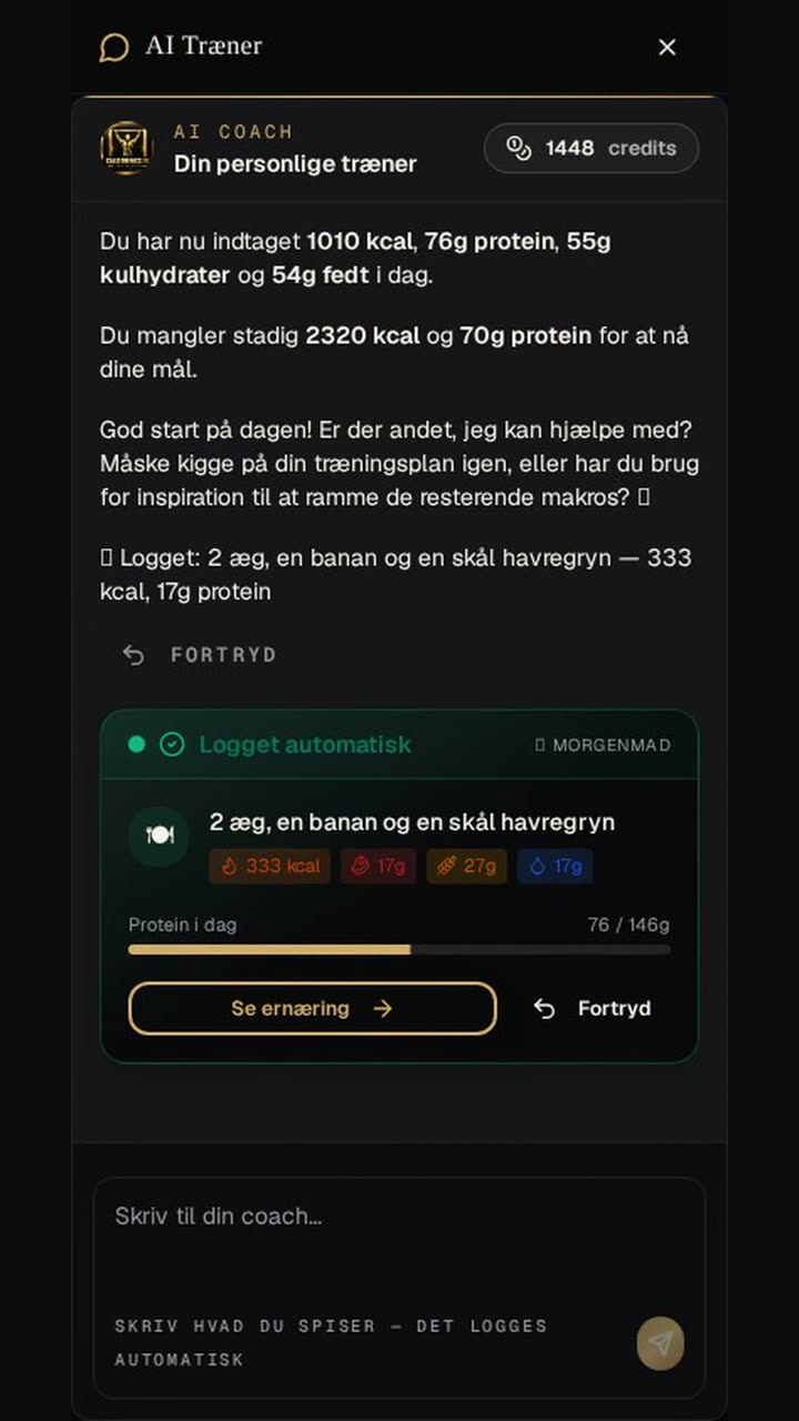 AI-coachen logger et måltid skrevet i chatten og opdaterer dagens makroer